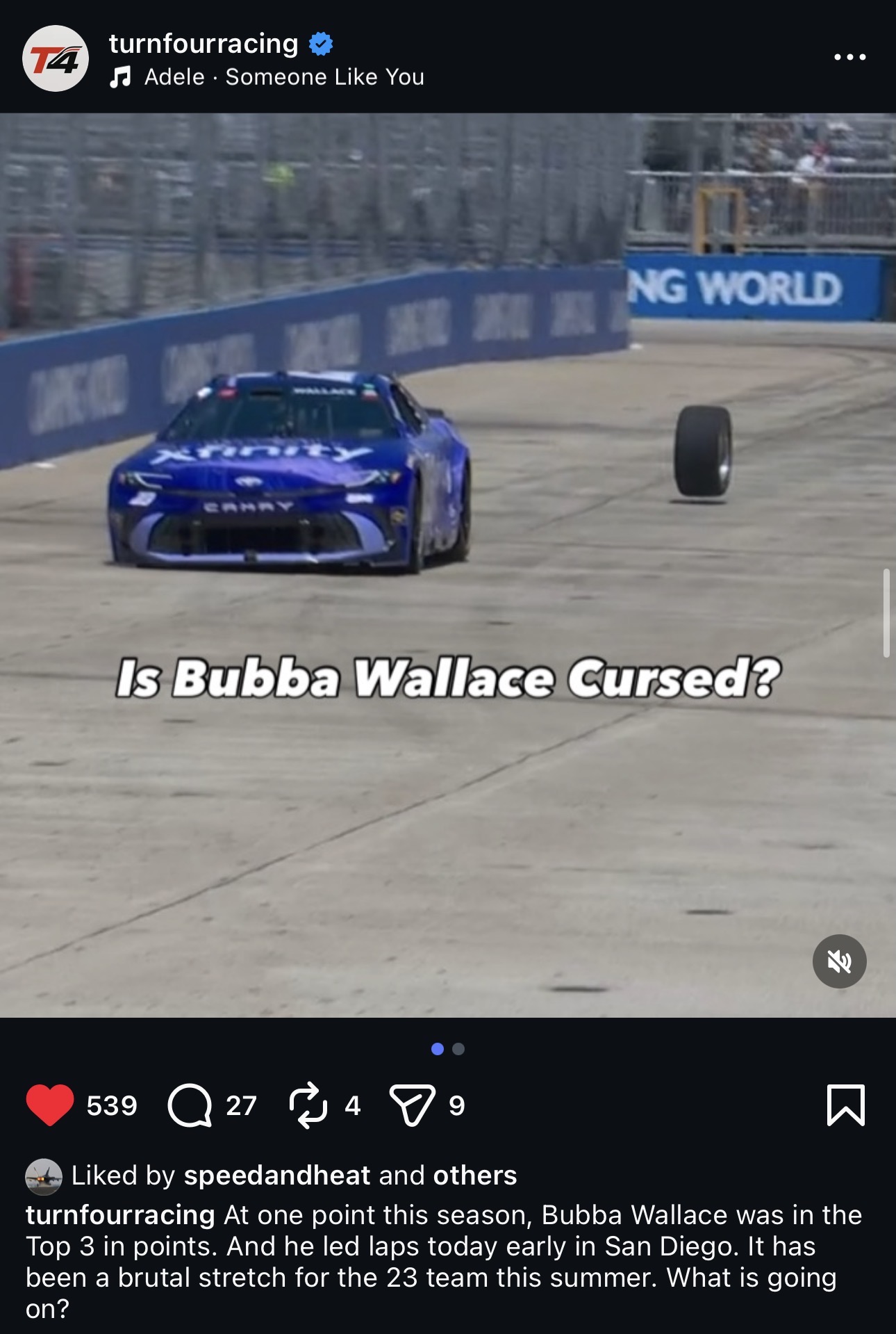 Is Bubba Wallace Cursed? Turn Four Racing Instagram post